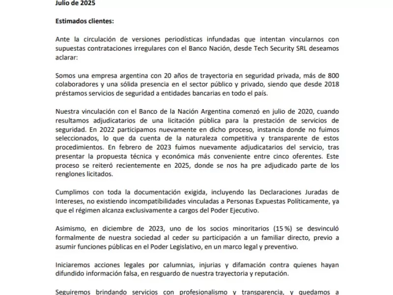 Tech Security negó contrataciones irregulares con el Banco Nación