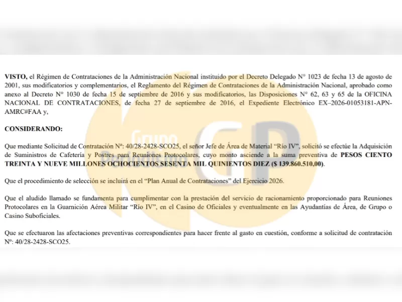 Autorizan una compra de alimentos protocolares por m&aacute;s de 130 millones bajo la gesti&oacute;n de Carlos Presti