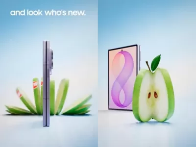 Samsung se burla del iPhone Duo, de 2.339 euros, con un aviso en el que una manzana se parte al doblarse